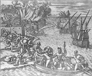 La flotte française pillant et incendiant la ville de Chioreram, gravée par Théodore de Bry (1528-98)